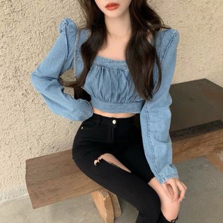 Áo croptop denim cổ vuông tay bồng