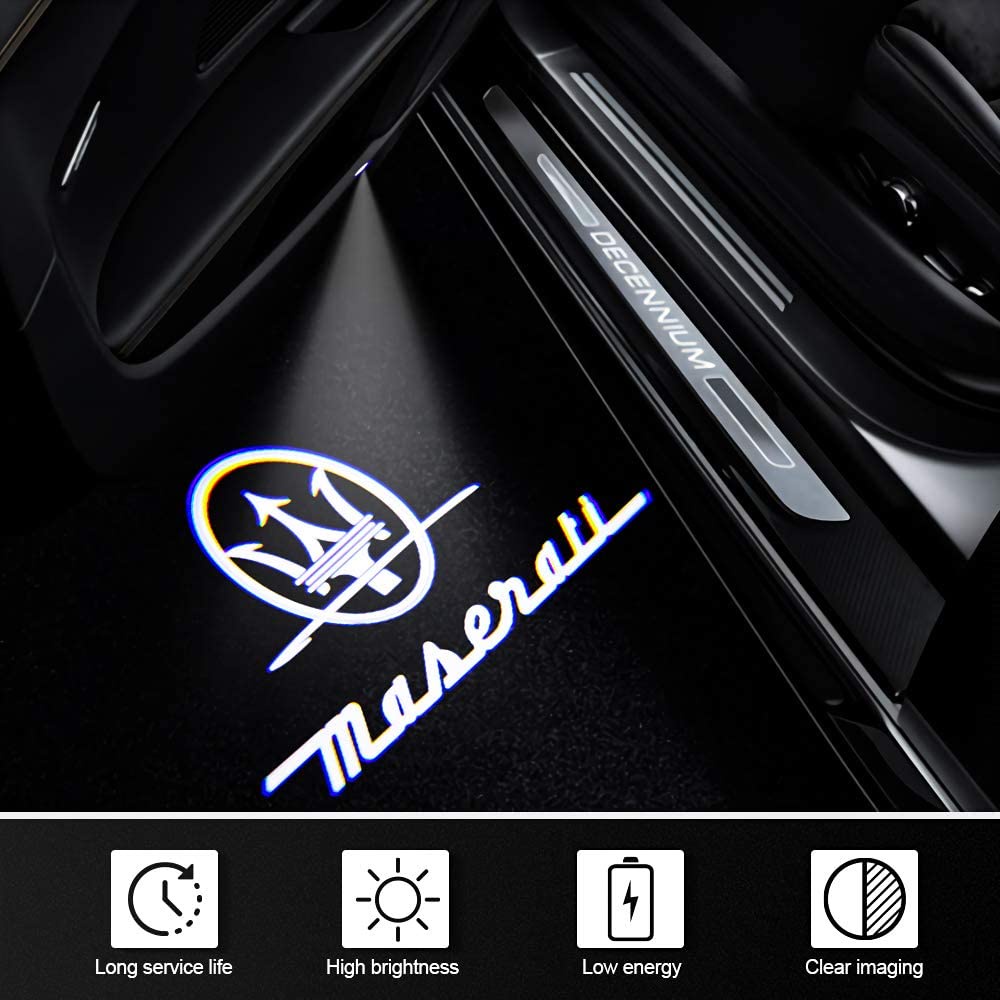 Set 2 Đèn LED Chiếu Logo Gắn Cửa Xe Ô Tô Maserati Quattroporte Levante Ghibli GranTurismo 6000K