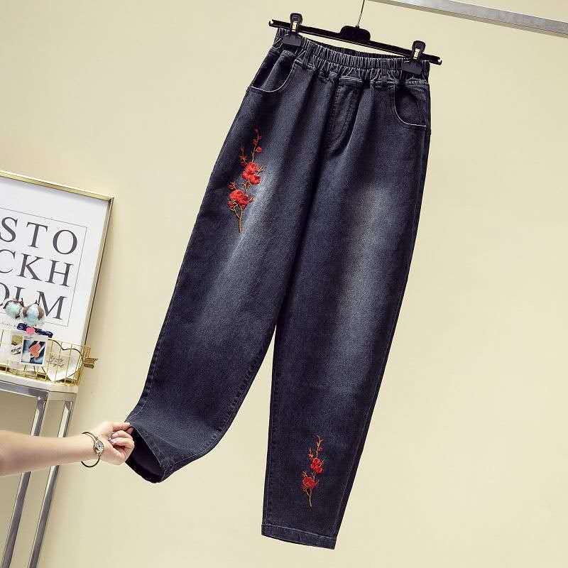 Quần Jeans Ống Rộng Thêu Họa Tiết Phong Cách Hàn Quốc Thời Trang Thu Đông Mới Cho Nữ Trung Niên