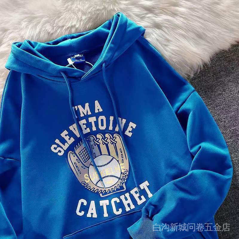 Áo sweater hoodie form rộng in hình găng tay bóng chày xu hướng đường phố Mỹ retro màu xanh lá đậm cho couple