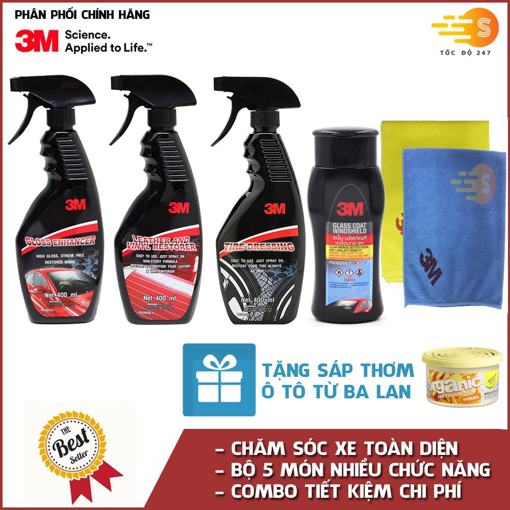 Bộ 5 bảo dưỡng xe 3M bão dưỡng nội thất, lốp xe, bóng sơn, chống bám nước kính và khăn lau chuyên dụng - tặng sáp thơm