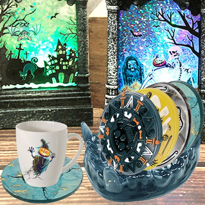 Set 4 Khuôn Silicone Làm Đế Lót Ly Hình Tròn Phong Cách Halloween