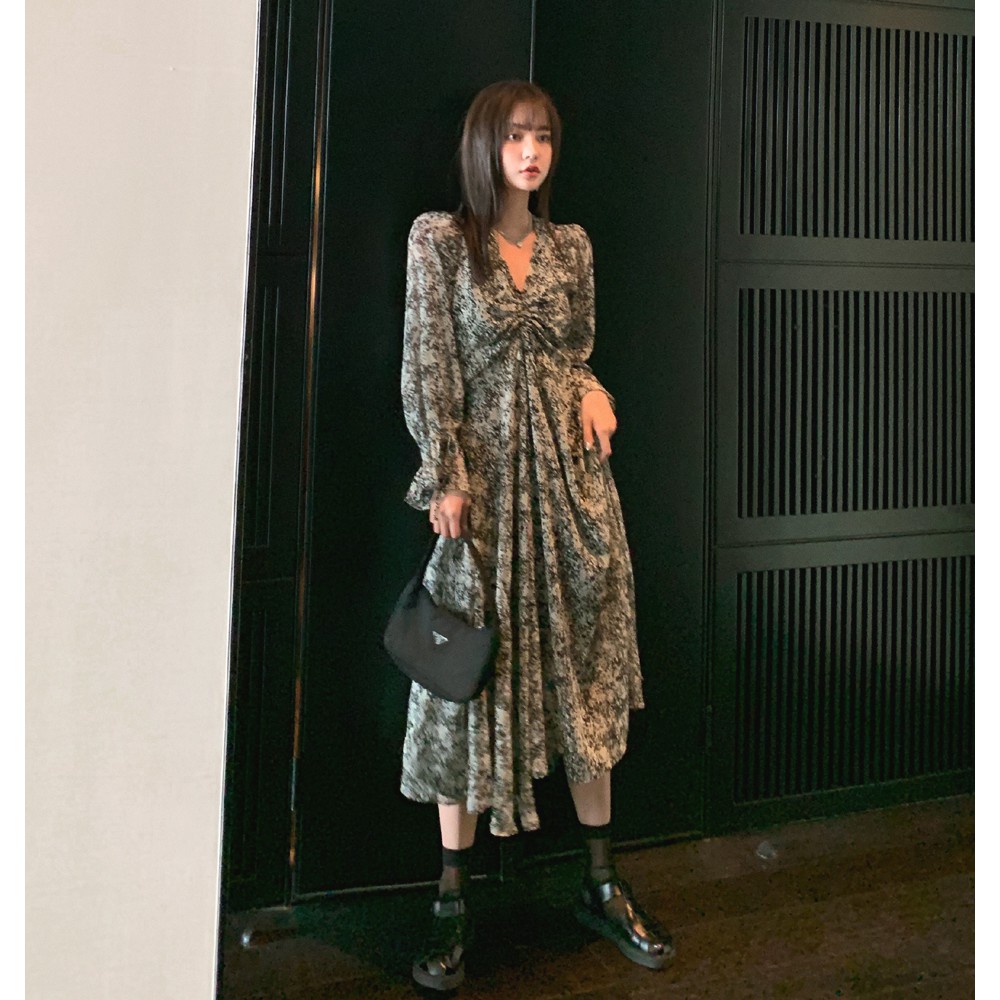 KOREAN STYLE Đầm Hoa Cổ V Thời Trang Dành Cho Nữ