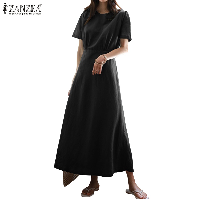 Đầm ZANZEA tay ngắn cổ tròn màu trơn tùy chọn thời trang cho nữ