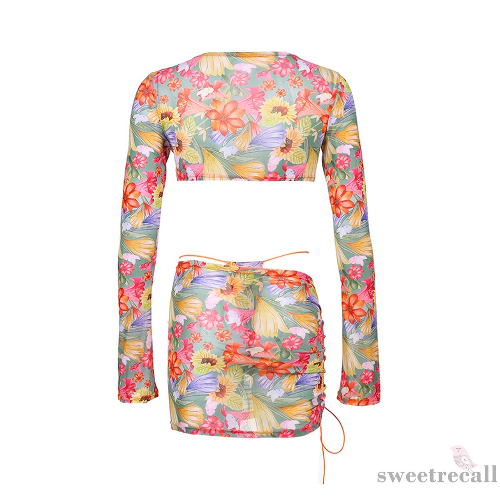 Bộ đồ 2 món áo croptop tay dài cổ chữ V buộc dây in họa tiết hoa + chân váy dây rút thời trang đi biển cho nữ | BigBuy360 - bigbuy360.vn
