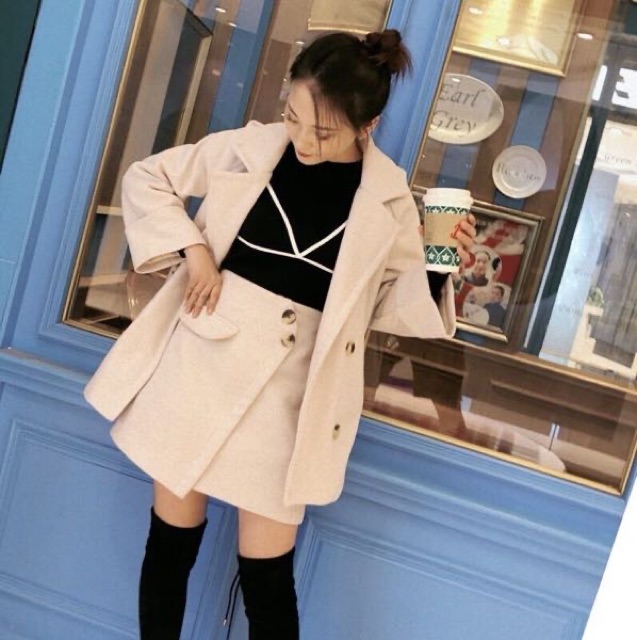 Set áo + chân váy dạ vạt chéo hai khuy | BigBuy360 - bigbuy360.vn