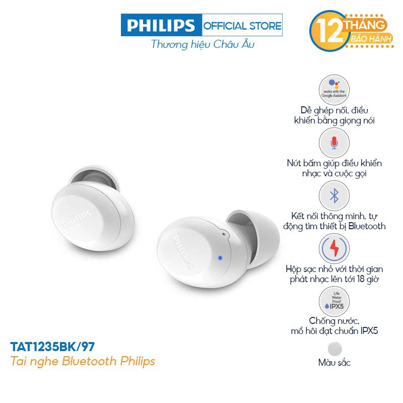 Tai nghe Philips Bluetooth Có Bass TAT1235WT/97 - Màu trắng - Hàng Chính Hãng