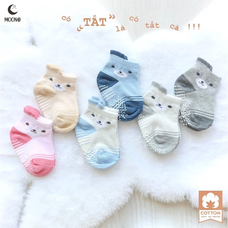 Moon - Set 2 đôi tất sơ sinh 100% Cotton tự nhiên chống trơn cho bé