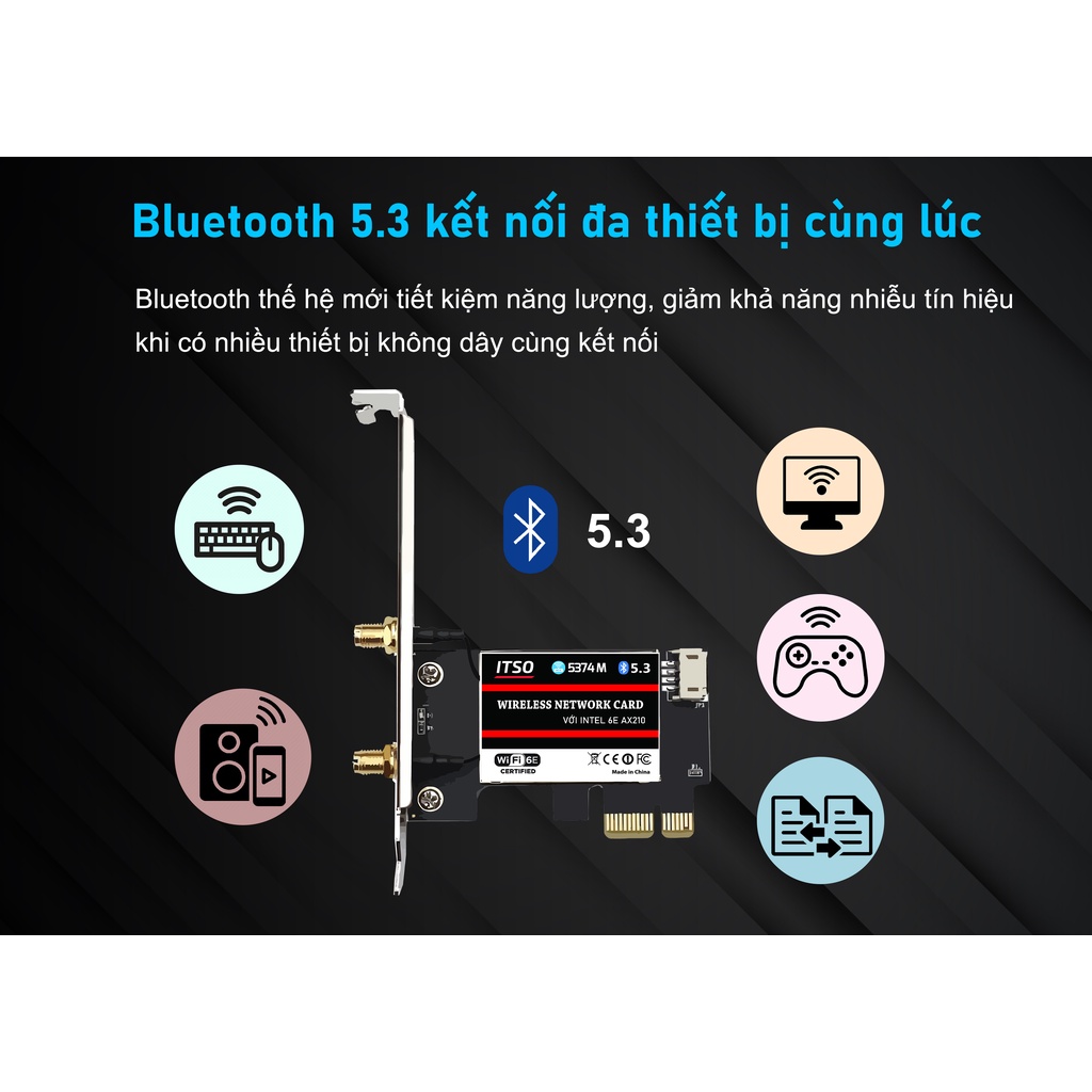 Card WIFI 6E dùng chip Intel AX210 khe cắm PCI dùng cho máy bàn