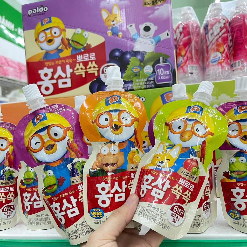 Nước uống PORORO - nước uống Hồng Sâm Hàn Quốc tăng đề kháng cho trẻ em - nước trái cây Pororo Paldo túi 100ml các vị