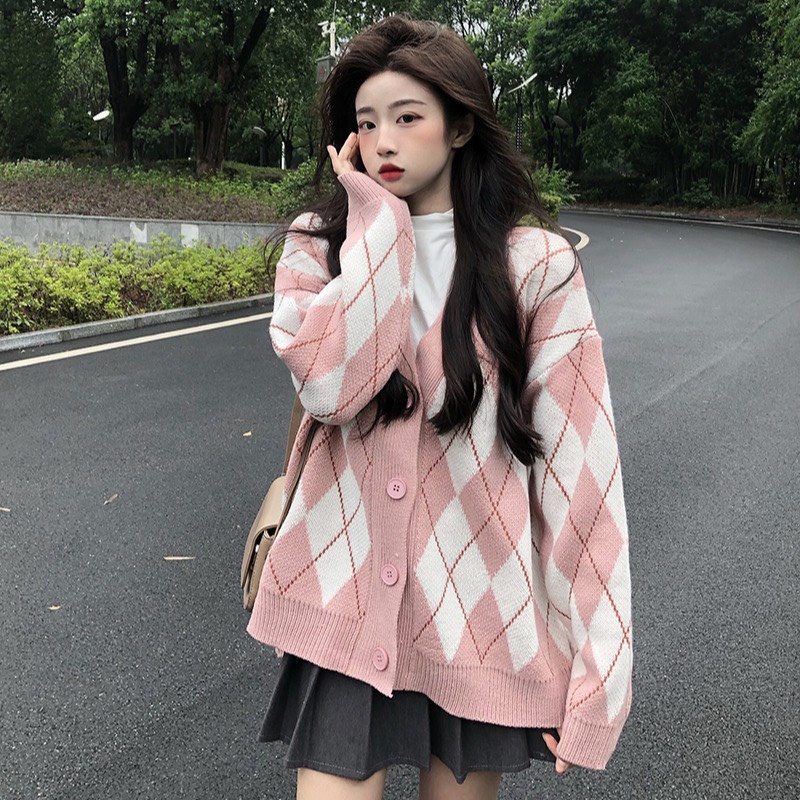 áo khoác len cardigan nữ form rộng họa tiết quả trám kim cương hàng quảng châu cao cấp SUTANO