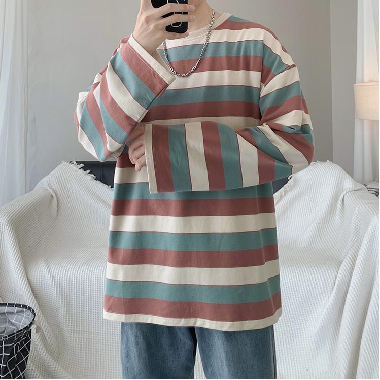Áo thun tay dài cổ tròn dáng rộng họa tiết kẻ sọc thời trang Hàn Quốc trẻ trung dành cho nam