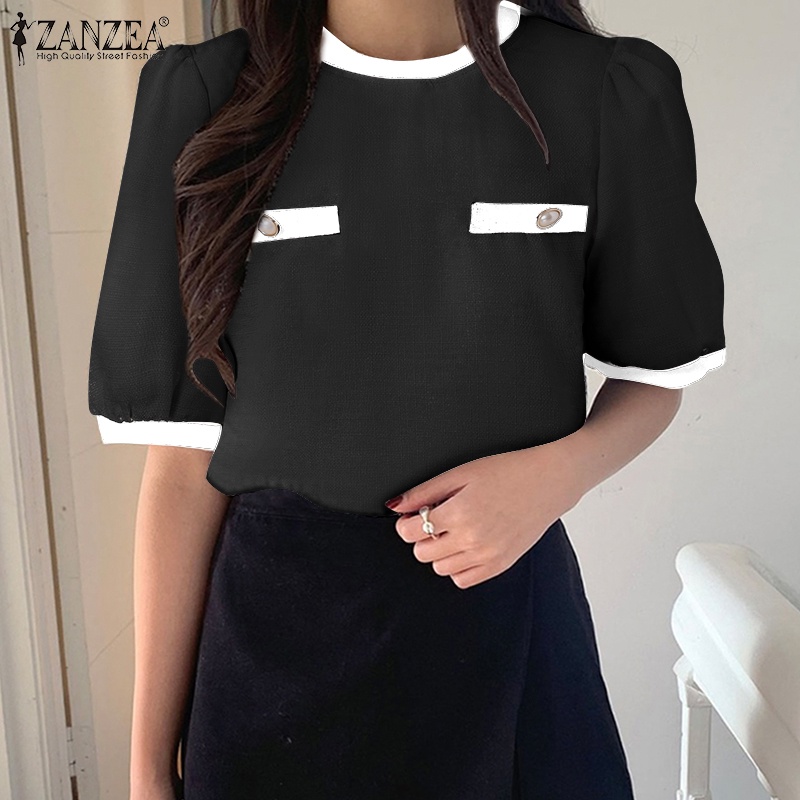 ZANZEA Áo Kiểu Cổ Tròn Tay 3 / 4 Màu Tương Phản Thời Trang Hàn Quốc Cho Nữ