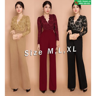 Jumpsuit - Đồ bay dài ống suông cổ V phối ren sang trọng - AV6026