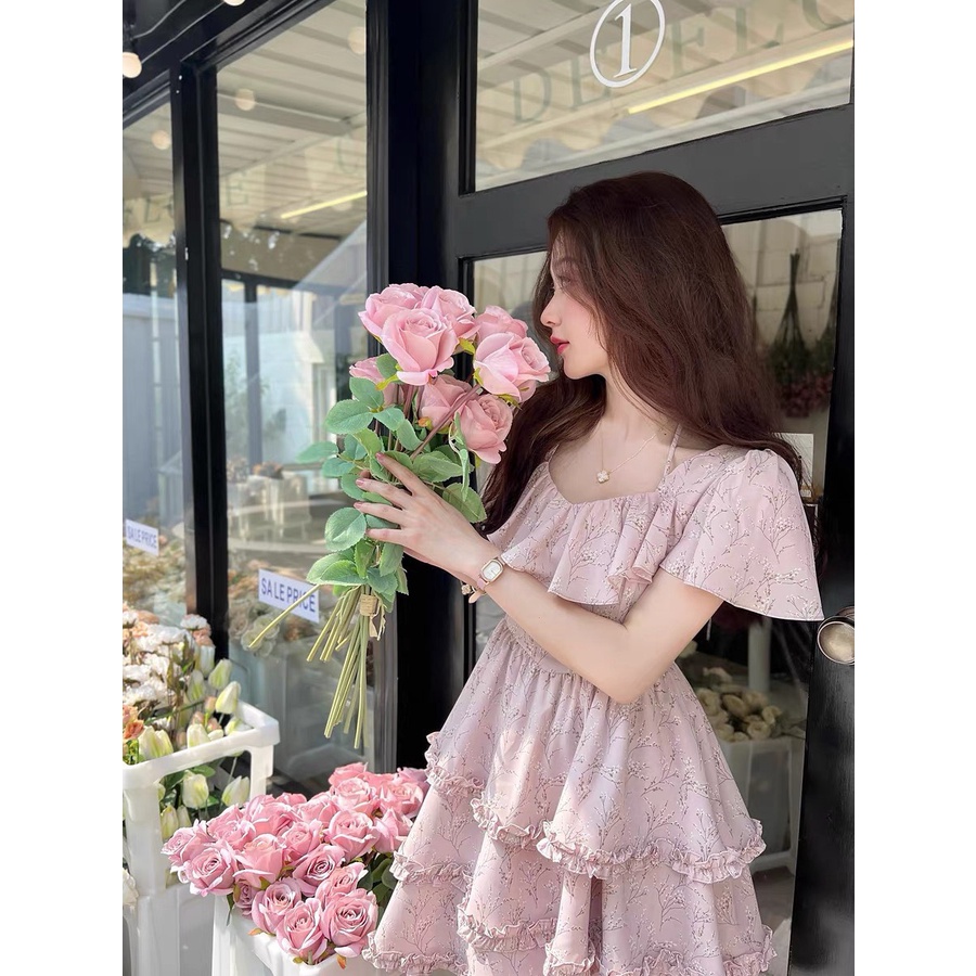 Váy hoa nhí tầng viển bèo đầm tơ mền tay nhỡ-MINXY SHOP