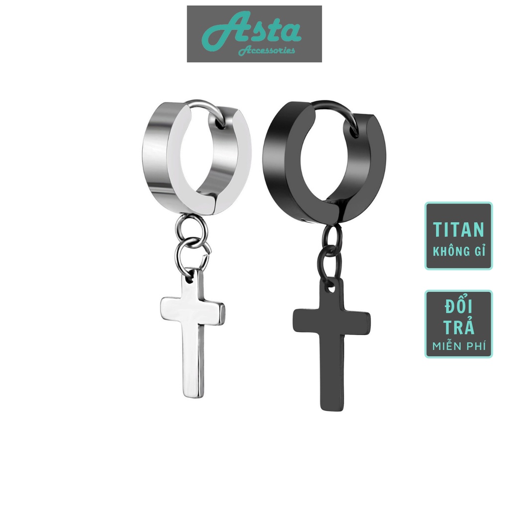 Khuyên tai nam nữ unisex tròn dạng xỏ Asta Accessories màu bạc đen đơn giản đẹp - HT chữ thập (1 chiếc)