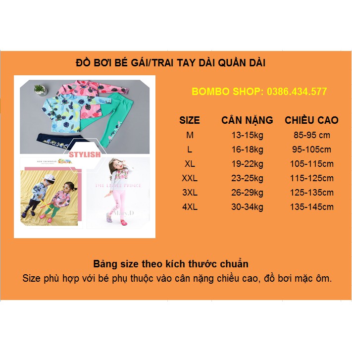 Đồ bơi bé gái/ bé trai dài tay quần dài (size 13-33.34kg)