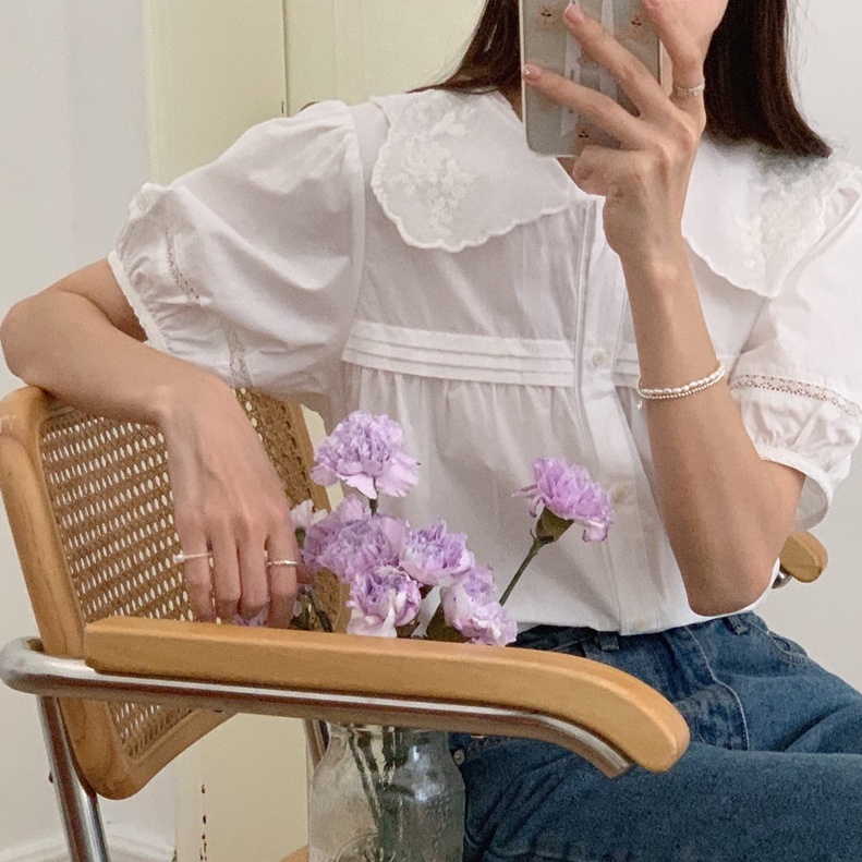 Áo Sơ Mi Phối Ren Tay Ngắn Cổ Bẻ Phong Cách Thời Trang Hàn Quốc 53099