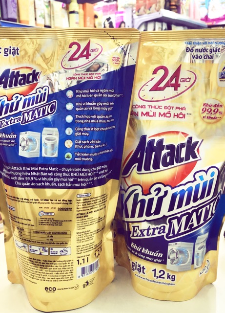 Túi nước giặt khử mùi Attack Extra MATIC Vàng 1200g - Mẫu mới