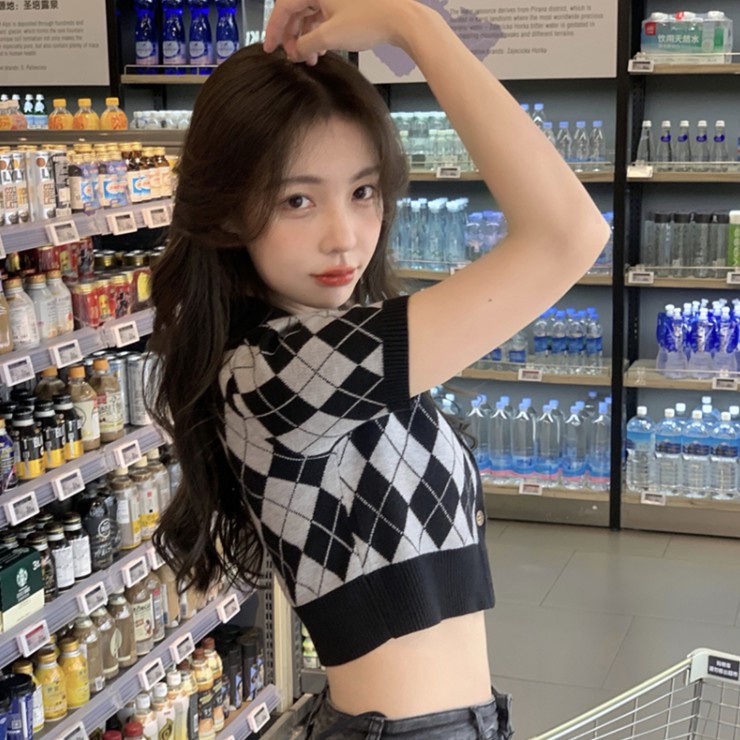 Happy-store ❤️ Áo Cardigan Croptop Dệt Kim Tay Ngắn Cổ Bẻ Kẻ Sọc Phong Cách Cho Phụ Nữ Hàn Quốc Happy Store