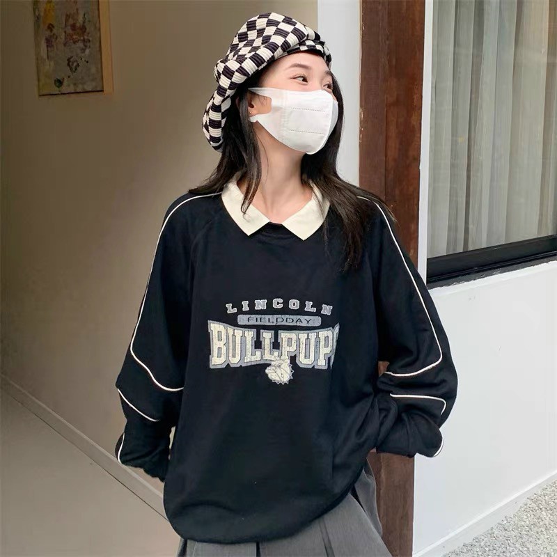 Áo sweater phối cổ bẻ hoạ tiết viền tay ấn tượng form rộng oversize chất nỉ ngoại dày mịn