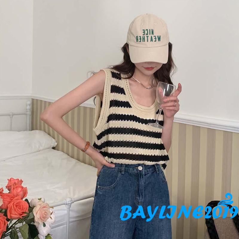 Áo Thun Không Tay Họa Tiết Sọc Màu Sắc Tương Phản Thời Trang Cho Nữ