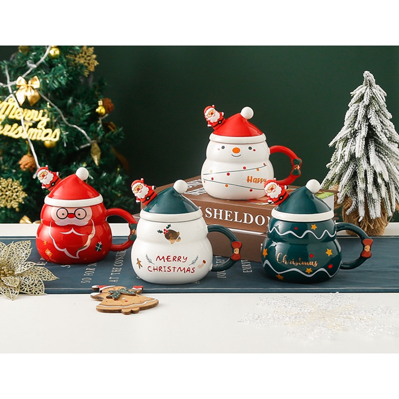 Cốc Uống Nước Bằng Sứ Có Nắp Đậy Và Muỗng Họa Tiết Giáng Sinh