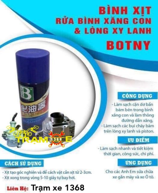 COMBO 4 CHAI BOTNY XÚC BÌNH XĂNG CON, HỌNG GA, VỆ SINH KIM PHUN, XI LANH, TRÁI PISTON