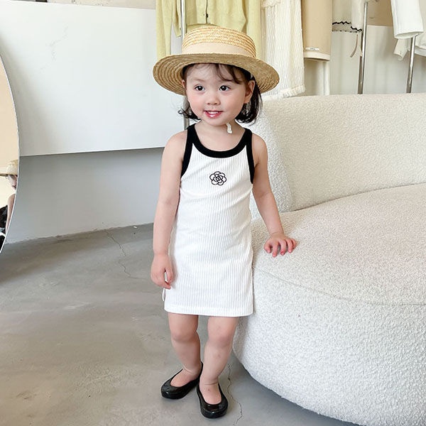 Đầm Hai Dây Mỏng Co Giãn Họa Tiết Hoa Trà Mùa Hè Đáng Yêu Cho Bé Gái