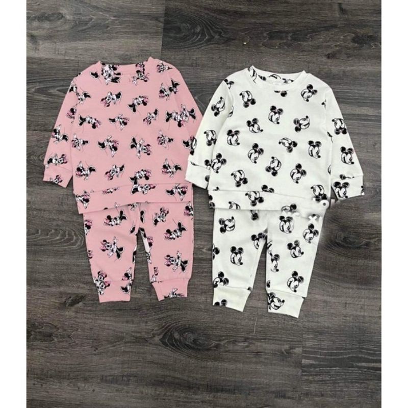 Combo 2 bộ micky trắng hồng in tràn chất cotton dài tay cho bé gái