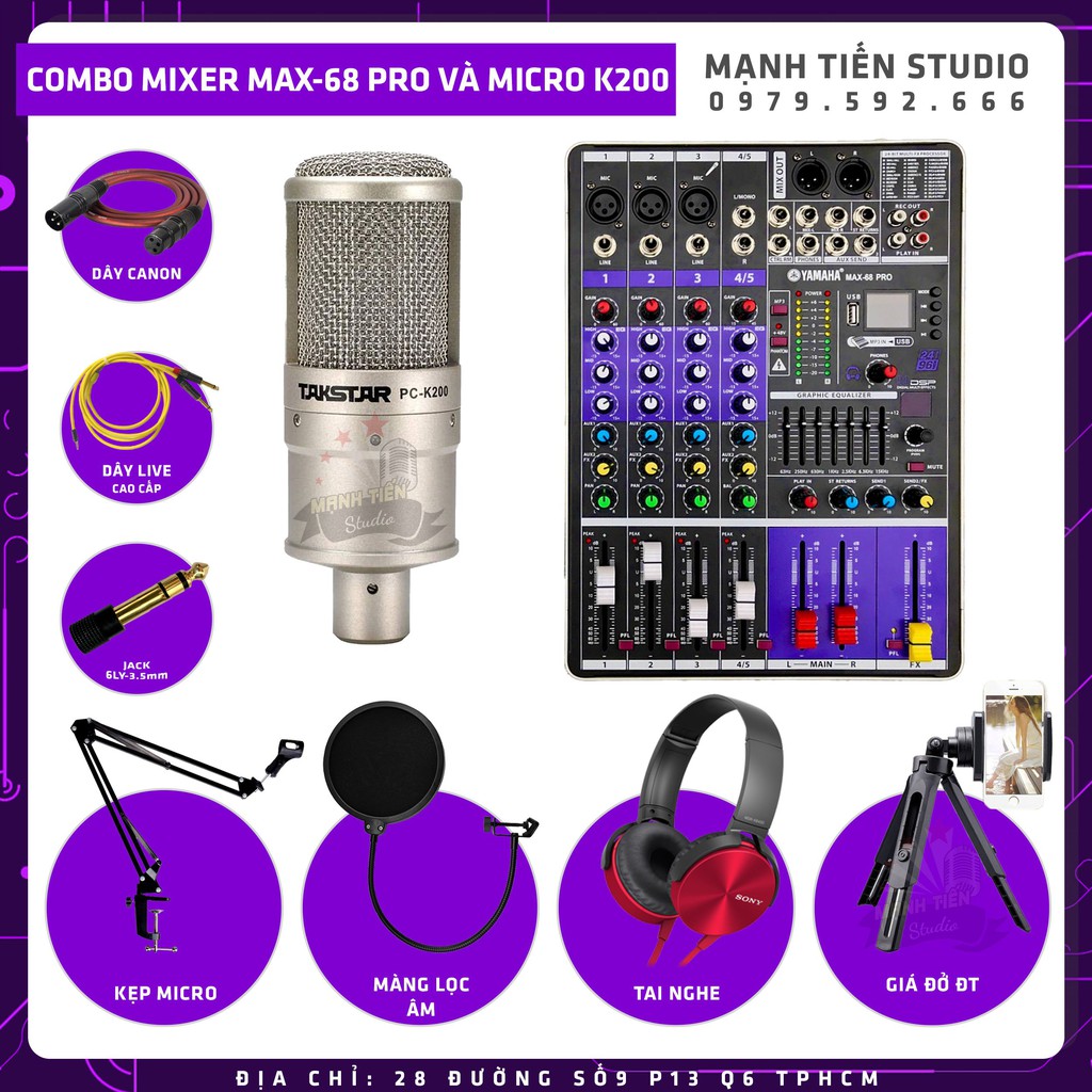 [Chính hãng] Combo thu âm hát karaoke online cực hay mixer max 68 và micro k200 tặng kèm full phụ kiện bảo hành 12 tháng