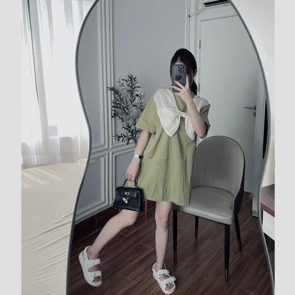 Váy Xanh Cốm Phối Nơ Voan Bản To PEONYB Nữ  🌸 Đầm đũi suông linen qc bánh bèo tiểu thư hotgirl hàn quốc đẹp 🌸