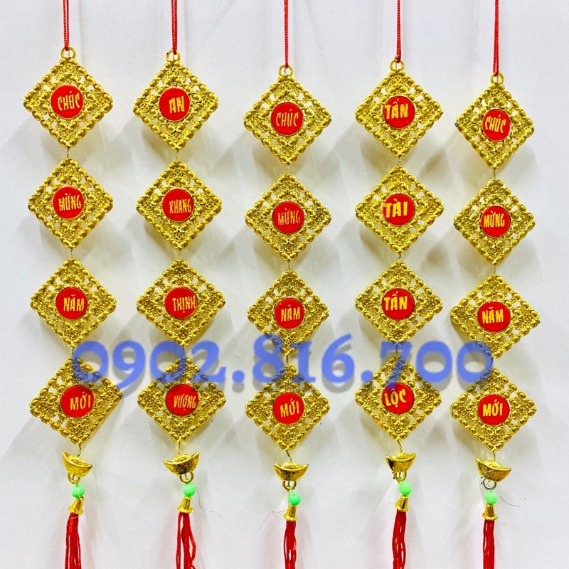 Sét 5 dây treo đồng tiền - quạt - lồng đèn - thỏi vàng - hoa mai dài 32cm phụ kiện treo cây mai trang trí tết