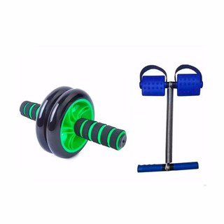 Bộ dụng cụ tập thể dục Con lăn 2 bánh màu xanh lá tập cơ bụng + Dây kéo tập lưng bụng Tummy Trimmer