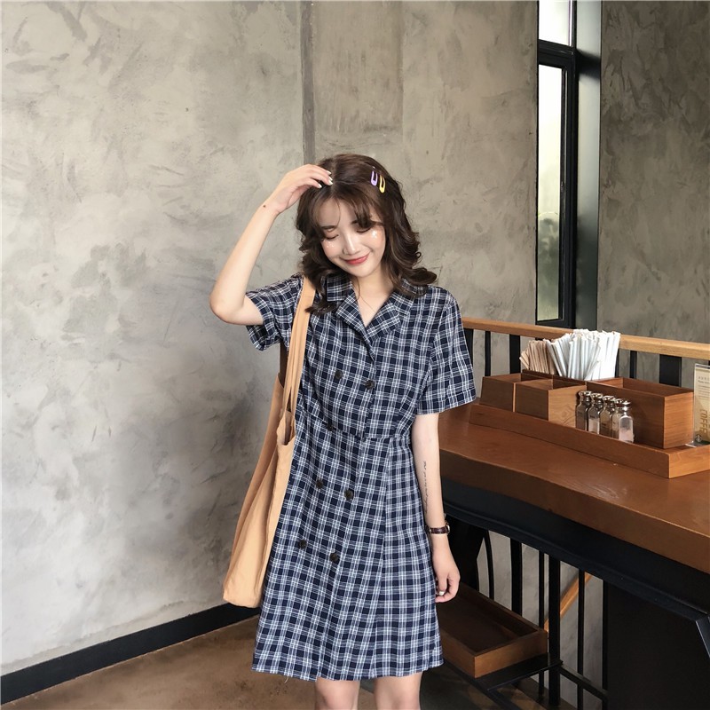 GENAISHA Đầm in sọc caro thiết kế hai hàng nút thời trang cho nữ