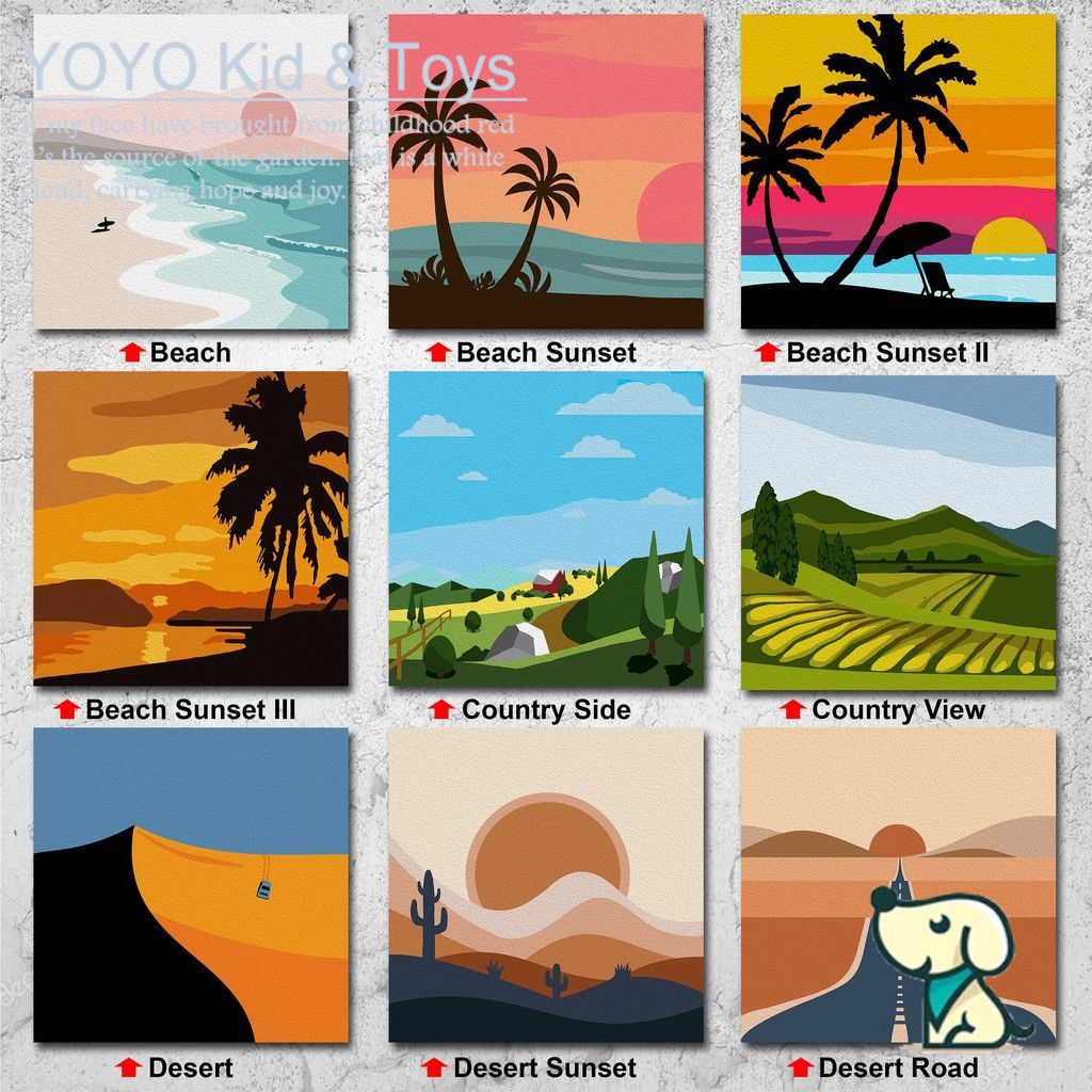 YoYo❤️Wall Art /Dầu Số Hóa Tự Tô Màu Theo Số/  DIY Canvas Acrylic Paint / Painting kit / Deco Colouring art / 20X20CM noframe Beach sunset thre XH123