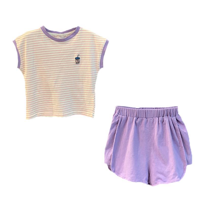 Set Áo Thun Ngắn Tay Kẻ Sọc + Quần Short Thời Trang Mùa Hè Cho Bé Gái