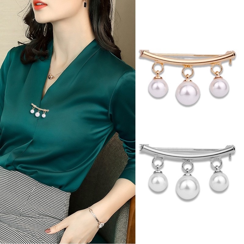 Trâm Cài Áo Thời Trang Hàn Quốc Đính Ngọc Trai Nhân Tạo Màu Vàng / Bạc Chống Lóa