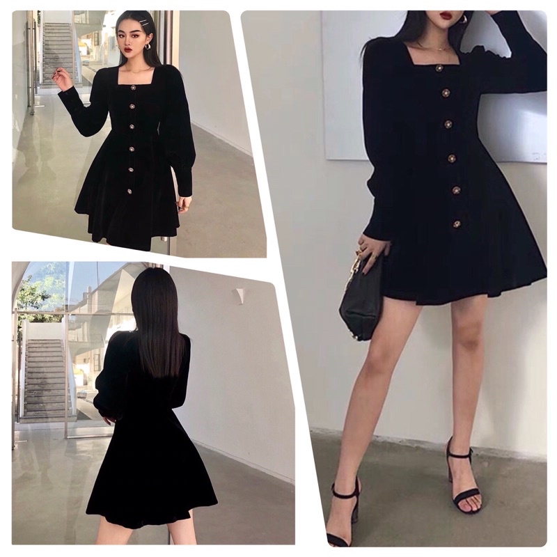 Đầm xòe dự tiệc cổ vuông tay dài phong cách Pháp cổ điển sang trọng trẻ trung