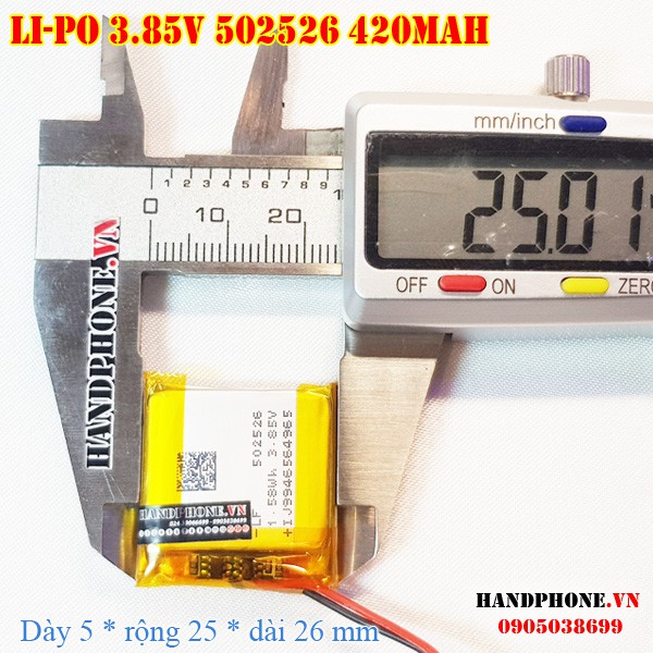 Pin Li-Po 3.85V 502526 502525 502626 420mAh (Lithium Polyme) cho Smartwatch, Camera Hành Trình, loa, tai nghe Bluetooth