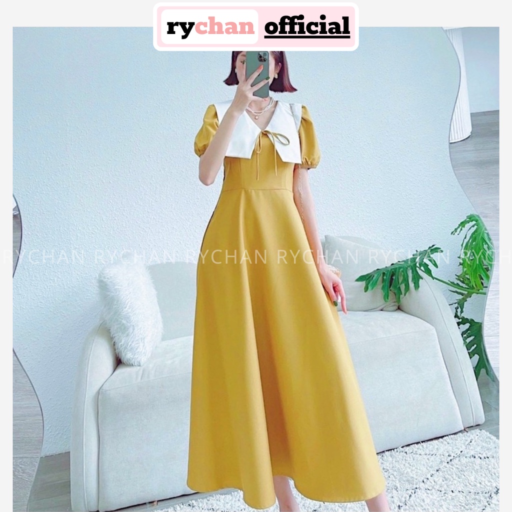 Đầm Nữ Dự Tiệc Dáng Dài Cổ Thủy Thủ Thắt Nơ Bo Eo Cực Nữ Tính Màu Vàng [ẢNH THẬT CUỐI] - DX9844
