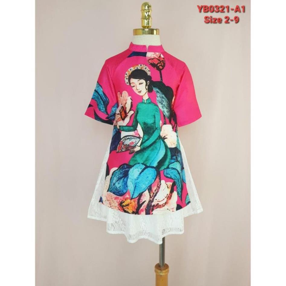 YB0321-A2 - Bộ bé gái áo dài chân váy ren , in hình cô Tấm , màu hồng phấn , size 2t-9t , ri8 .