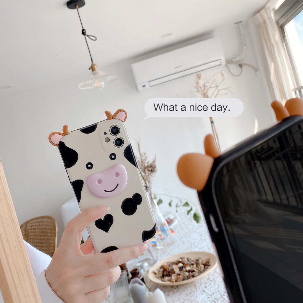 iPhone case Ốp lưng iPhone Hoạt hình Vỏ mềm Cute cow  TPU Bảo vệ ống kính hoạt hình Bốn mặt có kết cấu gợn sóng 3D dày cho iPhone 11 Pro Xs MAX XR I8 I7