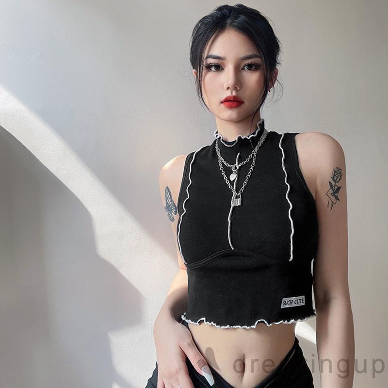 Áo Croptop Không Tay Thêu Chữ Phối Màu Tương Phản Dành Cho Nữ | BigBuy360 - bigbuy360.vn