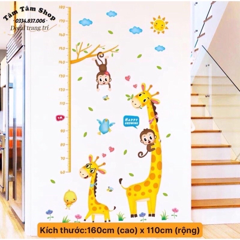 Decal thước đo chiều cao cho bé mẫu hươu cao cổ.