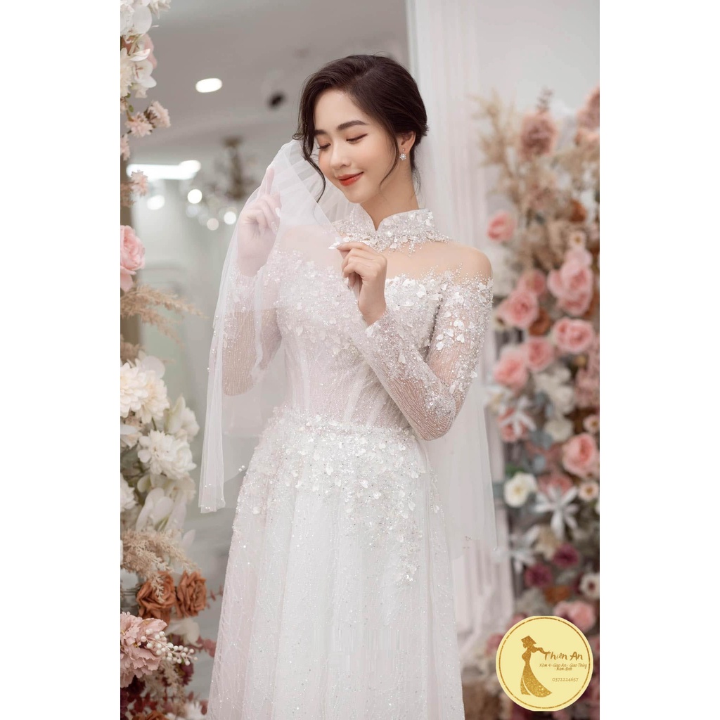 BỘ ÁO DÀI TRẮNG REN KIM TUYẾN CÔ DÂU SANG CHẢNH CAO CẤP