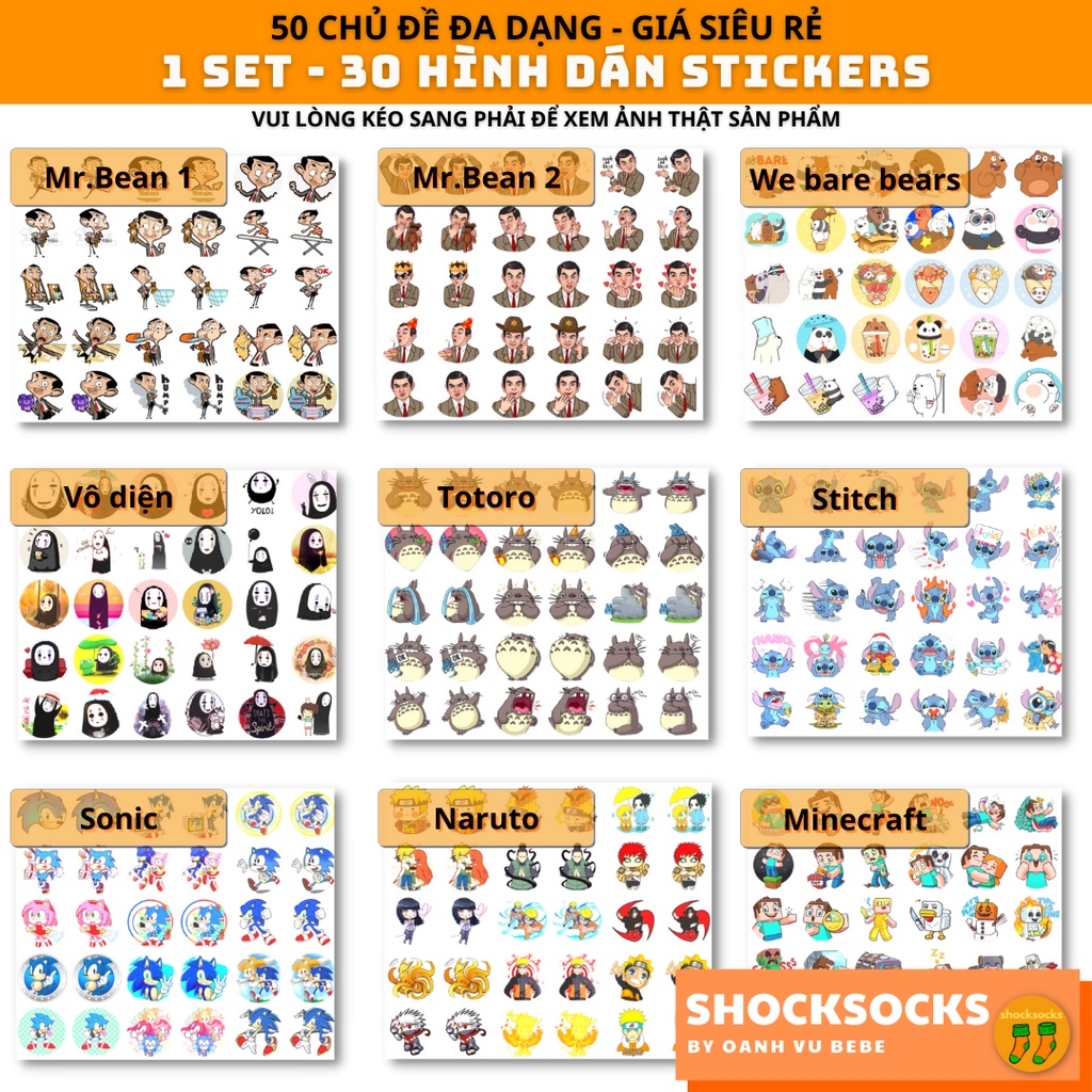 🔥 SET 30 hình dán sticker hình HEO PEPPA / HELLO KITTY / SQUID GAME/ HERO TEAM 🔥