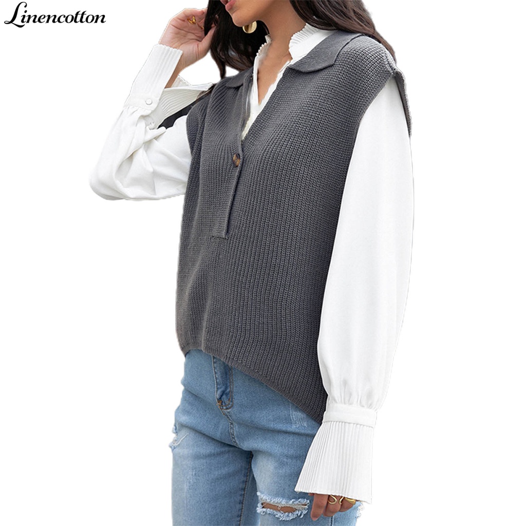 Áo cardigan dệt kim cổ chữ V không tay màu xám đậm bằng cotton lanh cho nữ | BigBuy360 - bigbuy360.vn