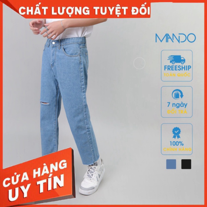 Quần Jean Nam Rách Gối MANDO Vải Bò Cao Cấp 2 Màu Xanh Đen Form Suông Rộng Basic Unisex Thời Trang Hàn Quốc QJN056 - Hàn