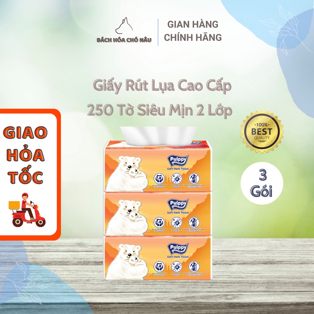 COMBO 3 Giấy Rút Lụa Pulppy Polar Bear 250 Tờ/ Gói Giấy 2 Lớp Tiện Dụng [ Hàng Mới Chính Hãng]